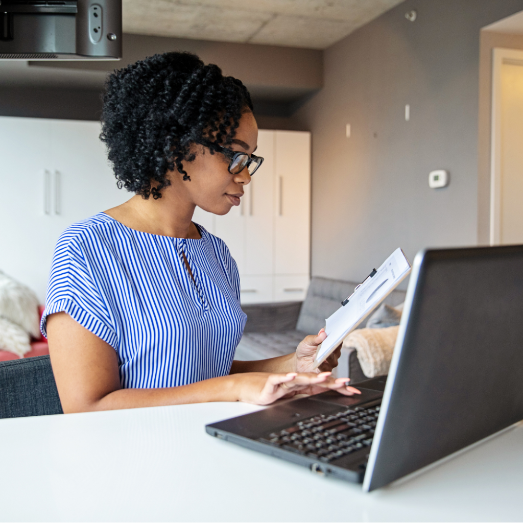 woman receiving documents on computer